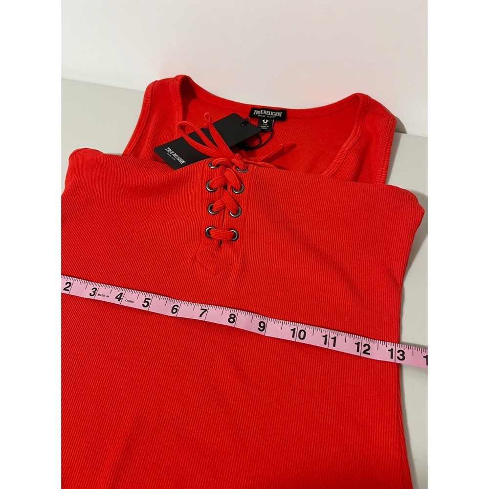 True Religion Red Horseshoe Logo Lace Up Midi Dress Size Small - Picture 6 of 8